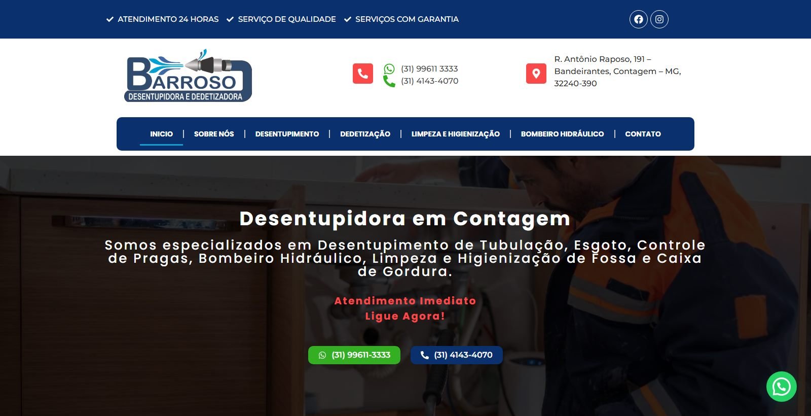 Site desenvolvido para Desentupidora Barroso, versão desktop