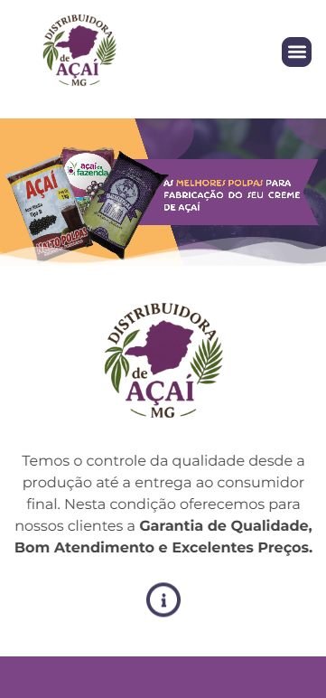 Site desenvolvido para Distribuidora de Açaí MG, versão mobile