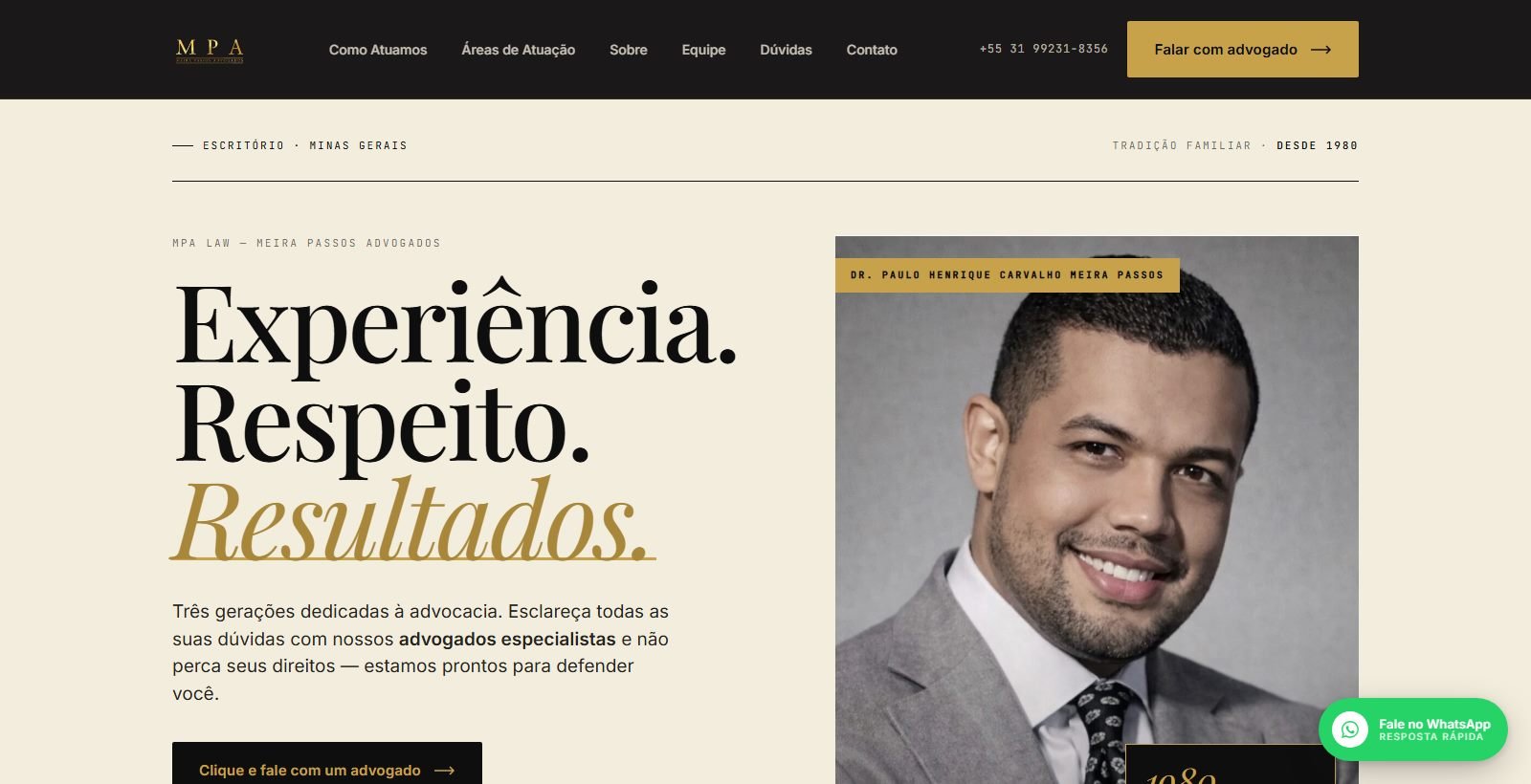 Site desenvolvido para Meira Passos Advogados, versão desktop