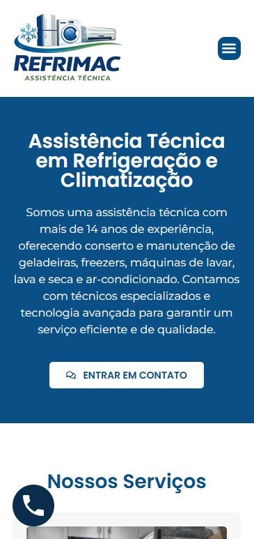 Site desenvolvido para Refrimac Assistência Técnica, versão mobile
