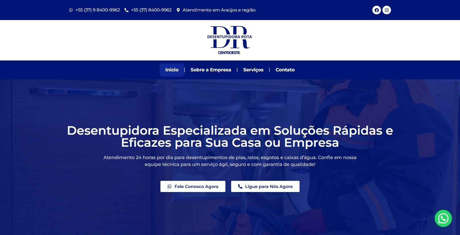 Site desenvolvido para Desentupidora Rota Centroeste, versão desktop