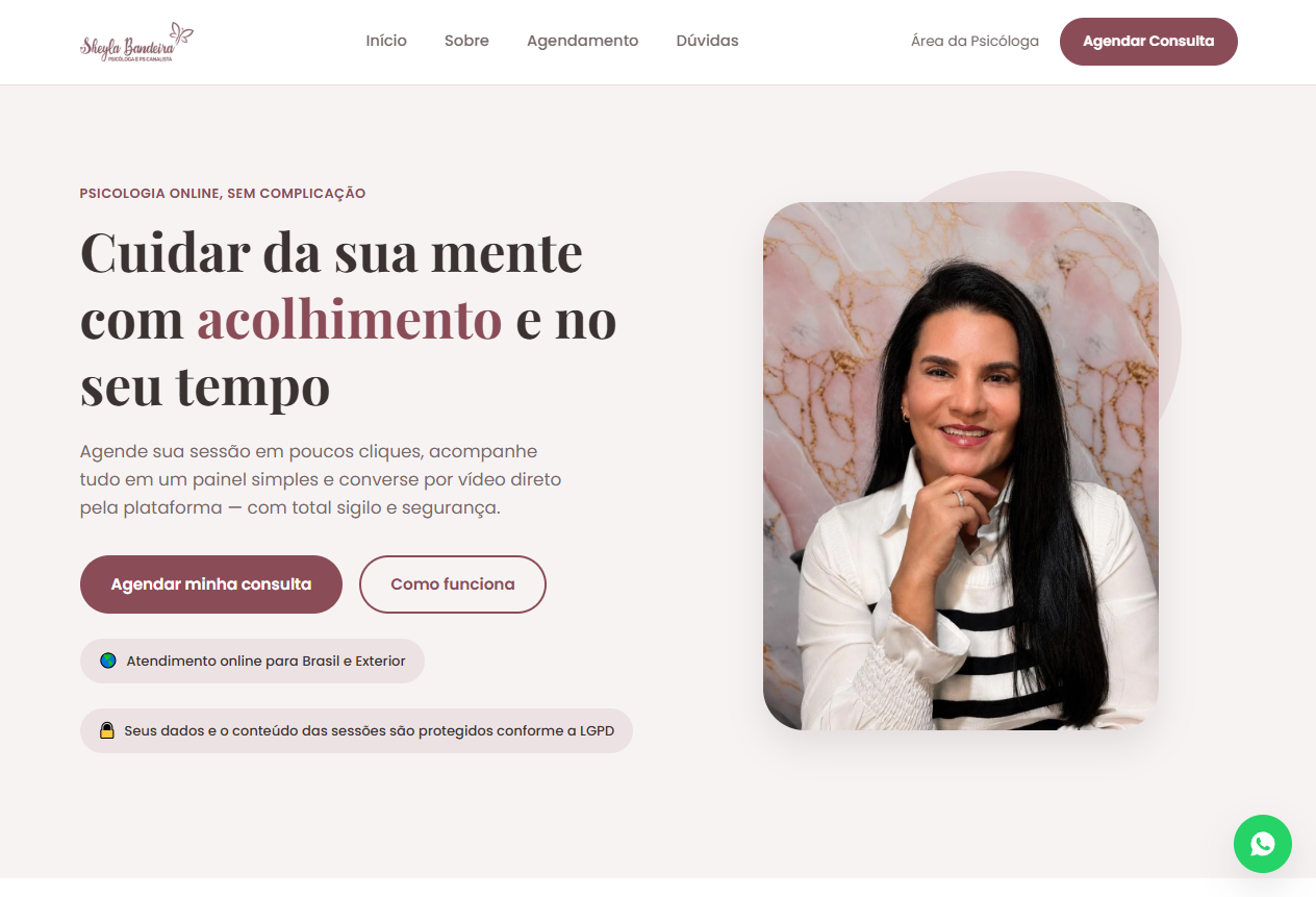 Landing page desarrollada para Sheyla Bandeira, versión desktop