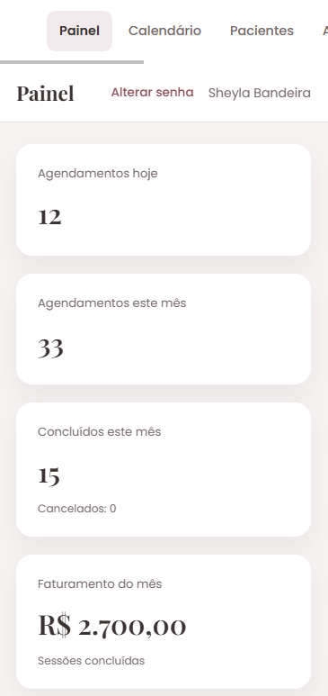 Painel de agendamentos e contratos do sistema desenvolvido para Sheyla Bandeira, versão mobile