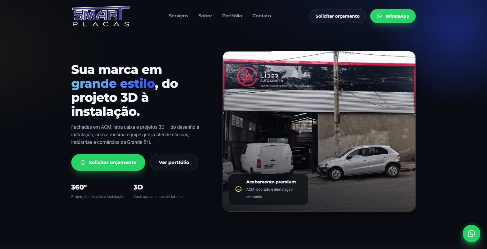 Site desenvolvido para Smart Placas e Toldos, versão desktop